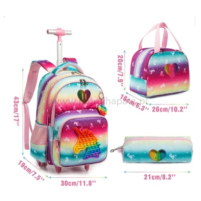 Conjunto colorido de mochila de carrinho, bolsa e estojo com padrão de arco-íris e corações