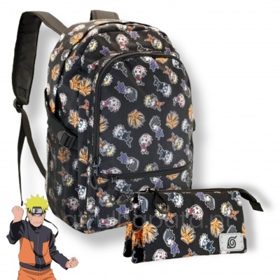Mochila e estojo escolares com estampas coloridas de personagens de anime sobre fundo preto