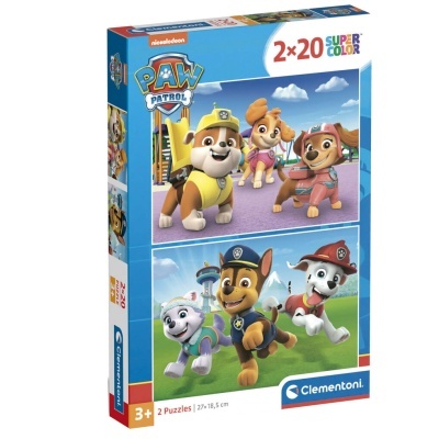 Embalagem de dois puzzles PAW Patrol com personagens animados e texto informativo