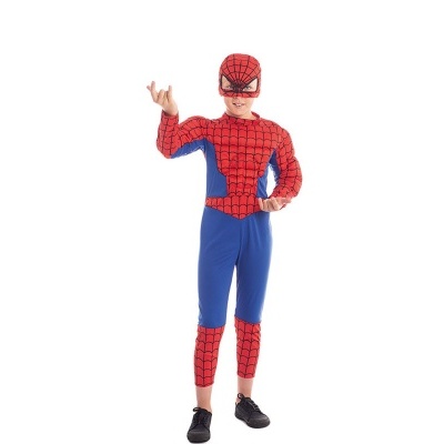 Fantasia de corpo inteiro de homem-aranha vermelha e azul com padrão de teia