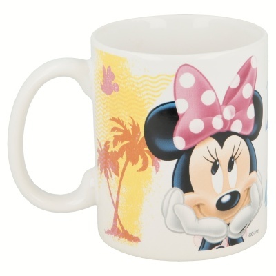 Caneca branca com imagem da Minnie Mouse e palmeiras amarelas