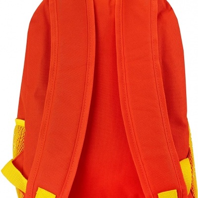 Mochila laranja com detalhes amarelos vista de costas