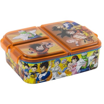 Lancheira laranja com desenhos dos personagens de Dragon Ball