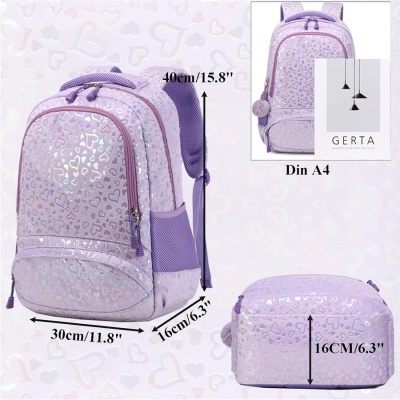 Mochila lilás com corações holográficos e detalhes lilás