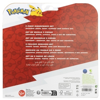 Embalagem traseira de conjunto de jantar Pokémon com logotipo e Pikachu em fundo vermelho com padrão Pokébolas