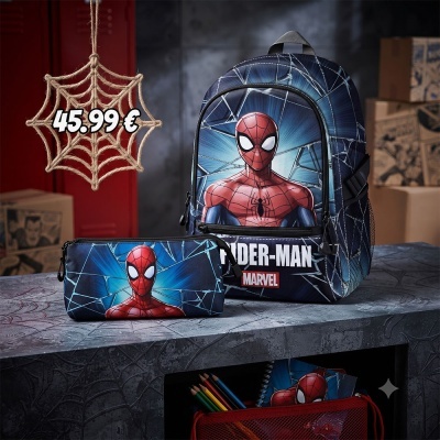 Mochila e estojo do Homem-Aranha com design de teias e personagem em azul e vermelho, preço 45.99 €