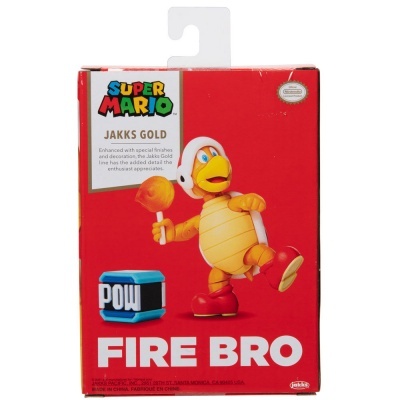 Caixa vermelha de figura Super Mario Fire Bro com personagem amarelo e vermelho e martelo laranja