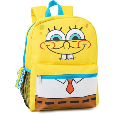 Mochila infantil temática do Bob Esponja amarela com bolso frontal colorido e alças ajustáveis