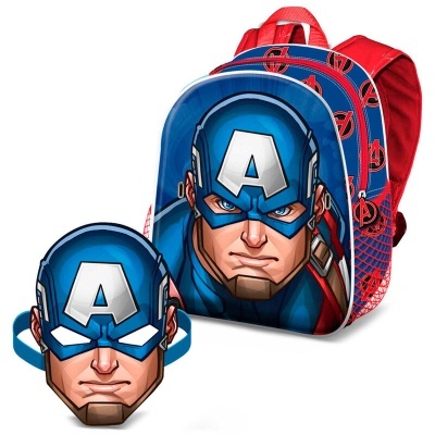 Mochila e estojo infantil Capitão América azul e vermelho com rosto do personagem