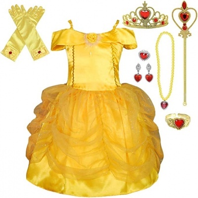 Conjunto de fantasia infantil princesa amarela com acessórios brilhantes e detalhes vermelhos
