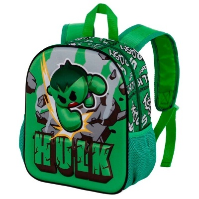 Mochila verde infantil com desenho do Hulk esmagando pedras