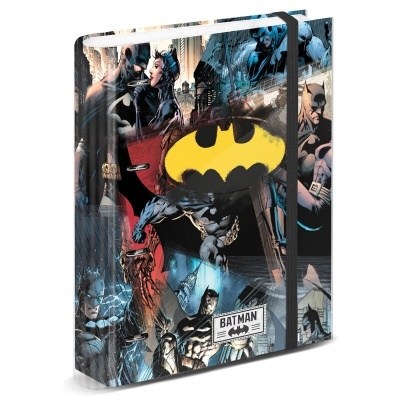 Caderno dossiê com estampas do Batman em cores escuras e elástico preto
