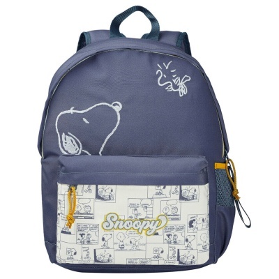 Mochila azul escura com estampado de banda desenhada Snoopy e bolso lateral em rede