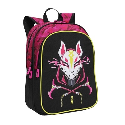 Mochila preta e rosa com máscara branca e detalhes em amarelo e rosa