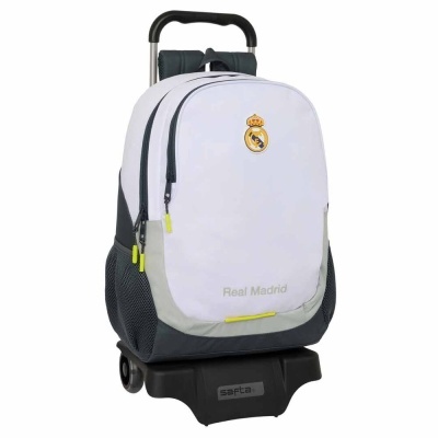 Mochila de rodinhas branca e cinza com logo Real Madrid e alça telescópica
