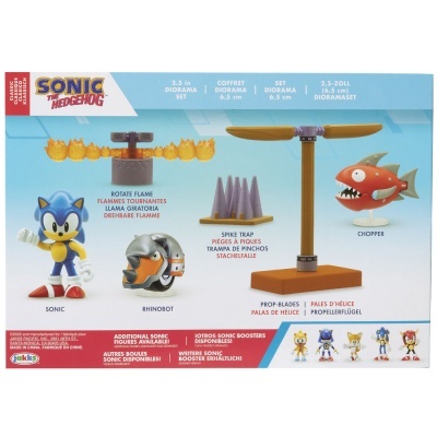 Conjunto diorama Sonic The Hedgehog com figuras e acessórios coloridos em fundo azul