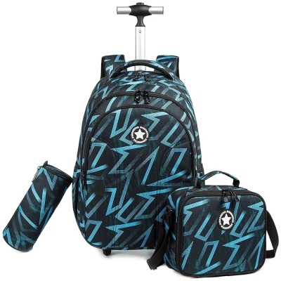 Mochila com carrinho, mala tiracolo e estojo cilíndrico padrão geométrico azul e preto