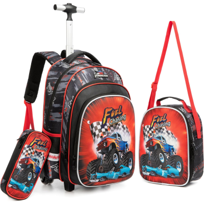 Conjunto escolar com mochila, lancheira e estojo estampados com carro de corrida e texto Fuel Chasing.