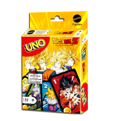 Caixa do jogo de cartas UNO Dragon Ball Z com personagens do anime em fundo amarelo