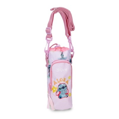 saco para garrafa rosa com personagem Stitch e texto ALOHA