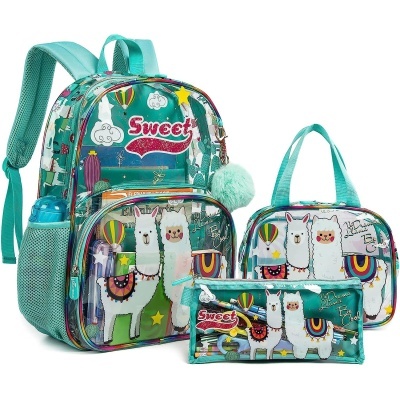 Conjunto escolar colorido com estampa de lhamas e elementos divertidos em azul turquesa