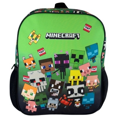 Mochila verde e preta com personagens pixelados do Minecraft e caixas TNT
