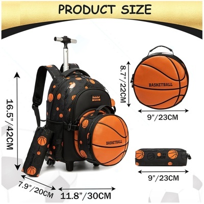 Mochila com rodas e padrão de bola de basquetebol, estojo e mochila redonda