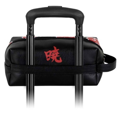 Mala de mão preta com símbolo asiático vermelho e alça lateral