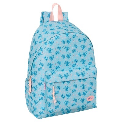 Mochila azul clara padrão Stitch com detalhes cor-de-rosa