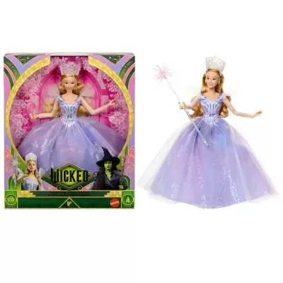 Boneca princesa vestida de púrpura com coroa e varinha em embalagem colorida do filme Wicked.