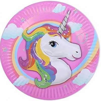 Prato de papel rosa com desenho de unicórnio colorido