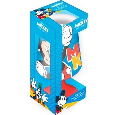 Copo de plástico com tampo branco e imagens coloridas do Mickey Mouse na embalagem azul