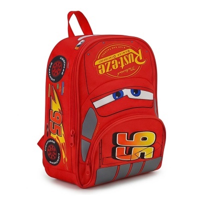 Mochila vermelha em forma de carro com olhos e textos Rust-eze e 95