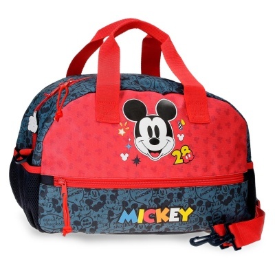 Bolsa de desporto azul e vermelha com Mickey Mouse e texto 'MICKEY'