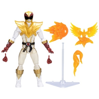Figura de ação de super-herói branco com dourado e acessórios alaranjados translúcidos