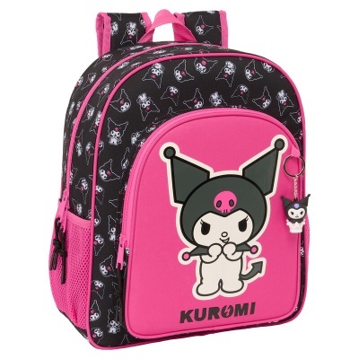 Mochila juvenil rosa e preta com personagem Kuromi e bolso frontal