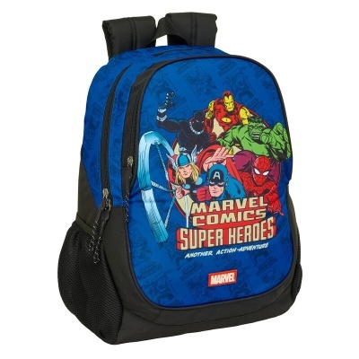 Mochila azul e preta com estampa dos super-heróis Marvel e texto MARVEL COMICS SUPER HEROES