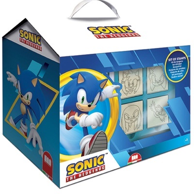 Caixa de carimbos Sonic the Hedgehog azul e amarelo com 4 carimbos de personagens em branco e preto