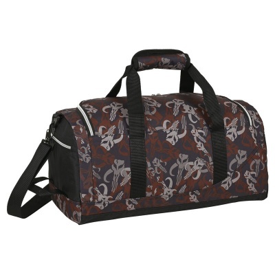 Mala desportiva preta com padrão floral cinzento e castanho e alças pretas