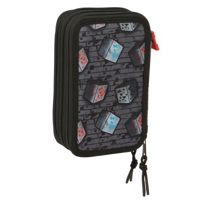 Estojo escolar com estampa de dados coloridos sobre fundo cinzento com duas zipers pretas