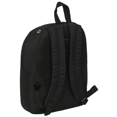 Mochila preta vista pelas costas com alças acolchoadas e orifício circular branco