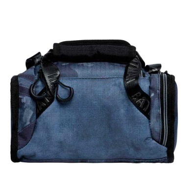 Bolsa de transporte cinzenta com detalhes pretos e fecho lateral