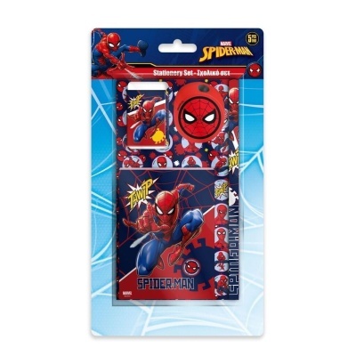 Conjunto de papelaria Spiderman com 5 peças em embalagem azul e vermelha