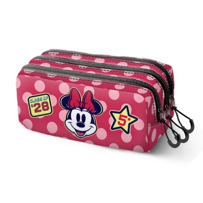 Estojo escolar rosa com bolinhas brancas e estampa da Minnie Mouse
