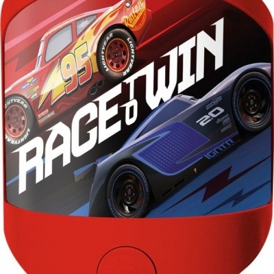 Lanterna infantil vermelha com carros de corrida e texto 