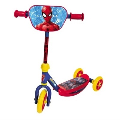 Trotinete infantil com tema do Homem-Aranha e cores vermelho, azul e amarelo