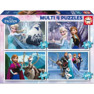 Caixa de puzzle Disney Frozen Multi 4 Puzzles com imagens dos personagens Elsa, Anna, Olaf e Sven