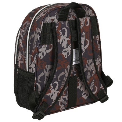 Mochila castanha, cinzenta e preta com padrão e alças acolchoadas