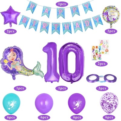 Conjunto de decoração de aniversário com balões roxos e turquesa, sereia, número 10 e faixa HAPPY BIRTHDAY.