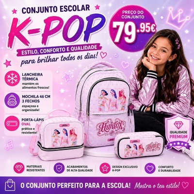 Conjunto escolar K-POP com mochila, lancheira e estojo rosa claro com estampas e uma menina sorrindo ao lado